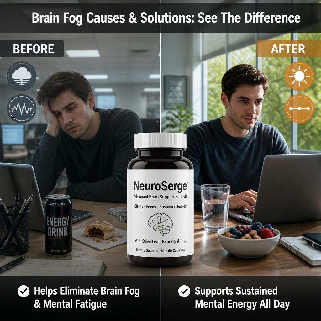 Before and after comparison showing improved concentration and memory recall with NeuroSerge